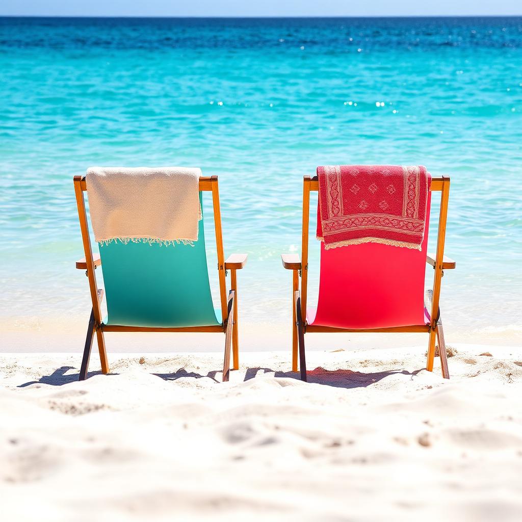 Two beach chairs with towels facing the water