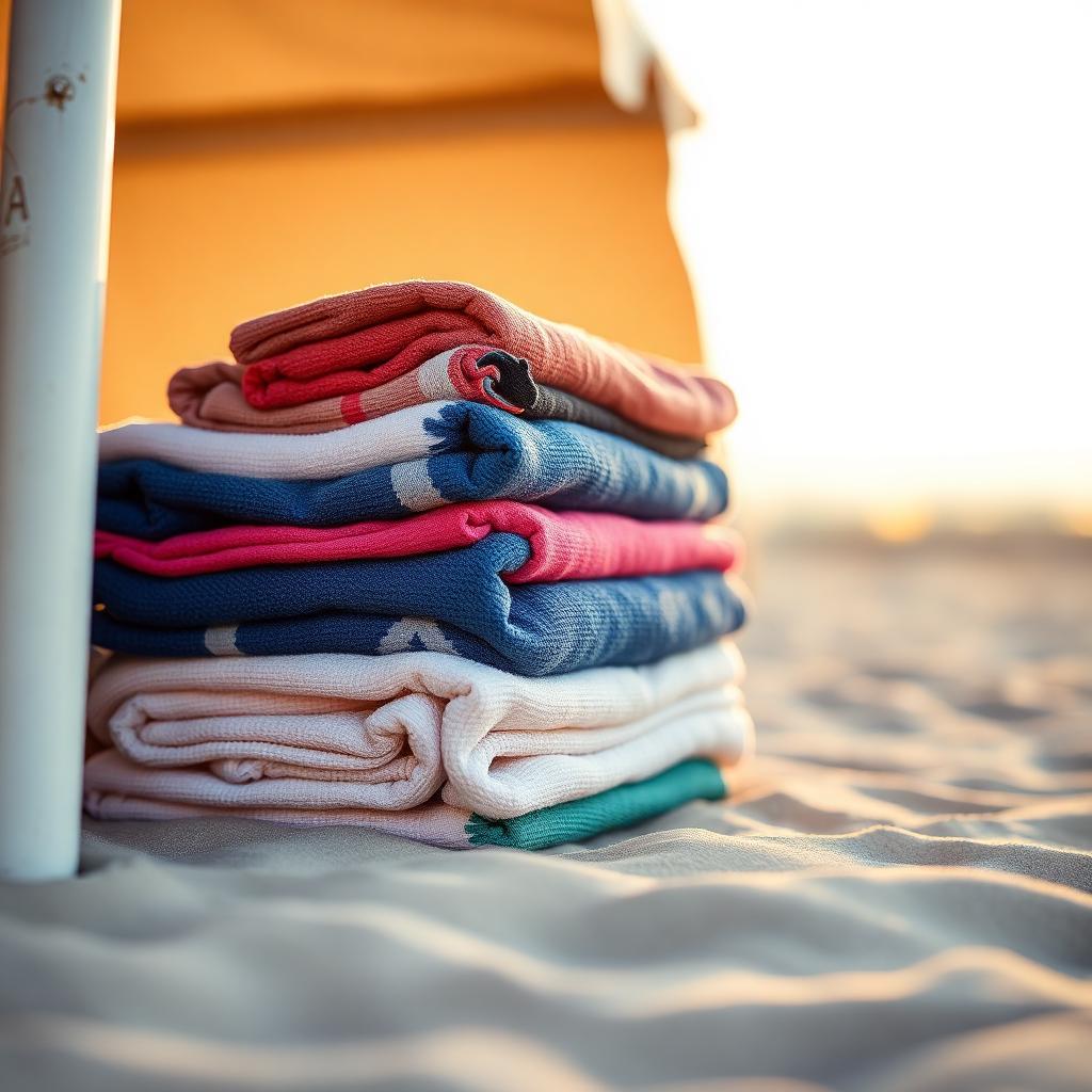 Folded towels stacked beside a cabana on the sand