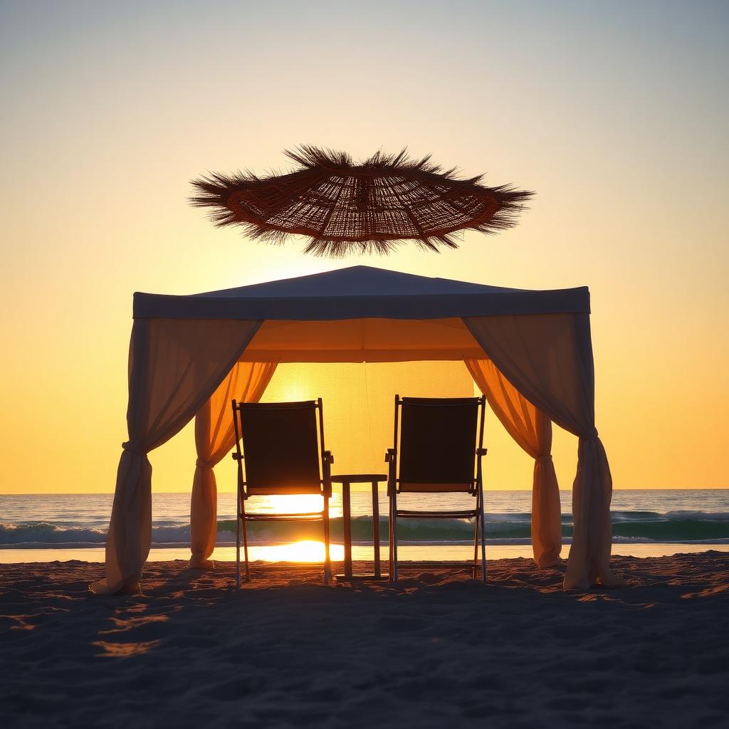 Beach cabana with open canopy at sunset
