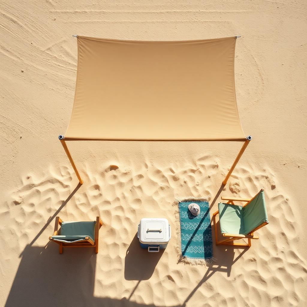Overhead view of a full beach setup on bright sand