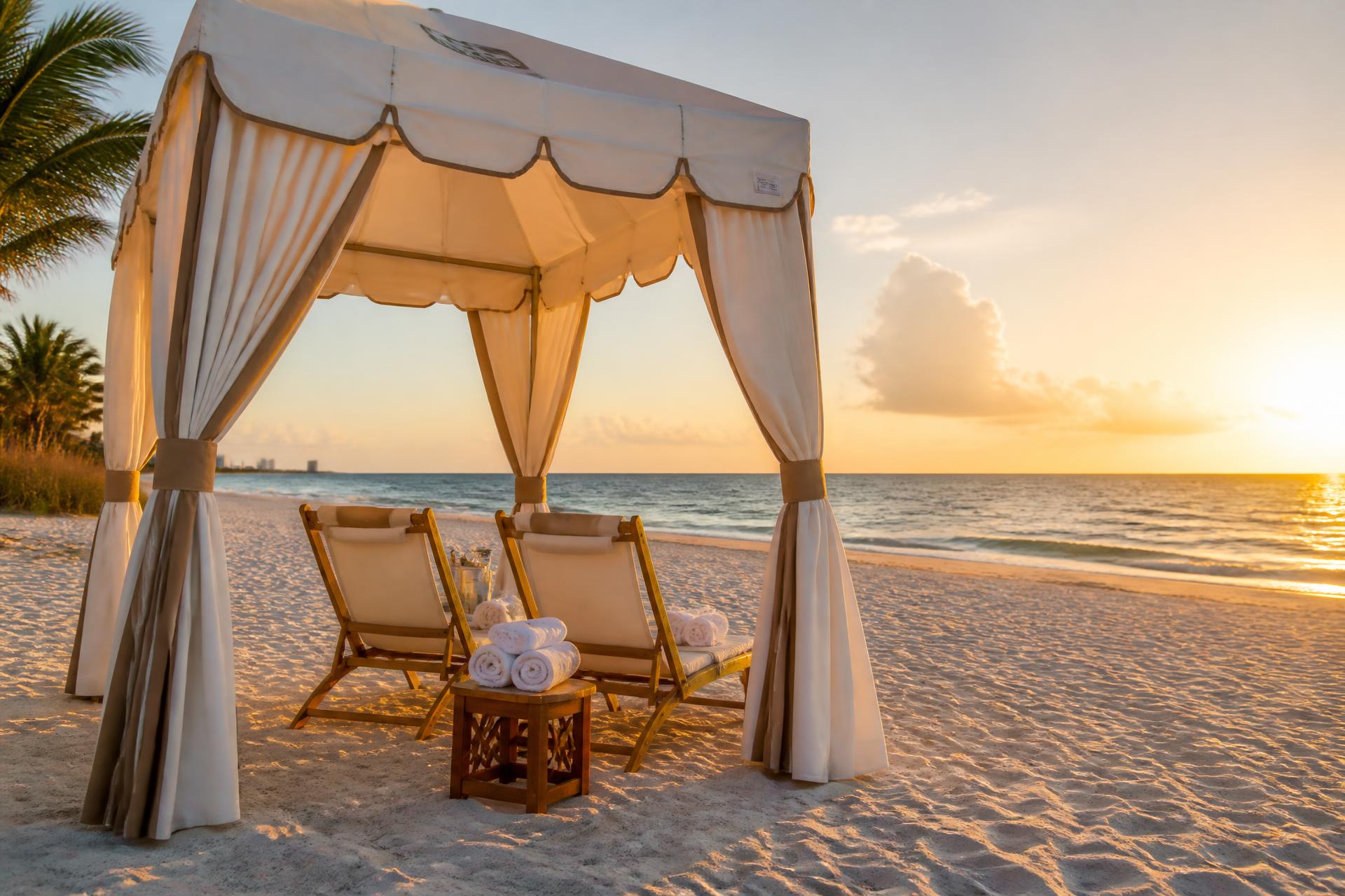 A white beach cabana with two chairs and folded towels set up on the sand at golden hour